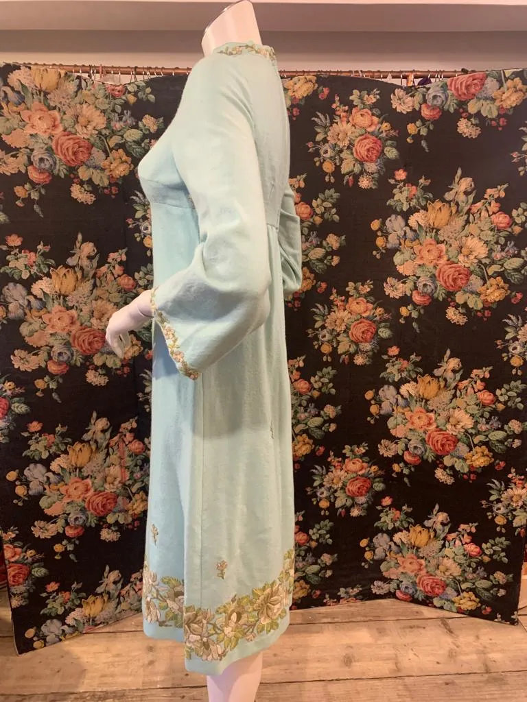 1960s Turquoise Wool Tunic Dress with Indian Crewel Work