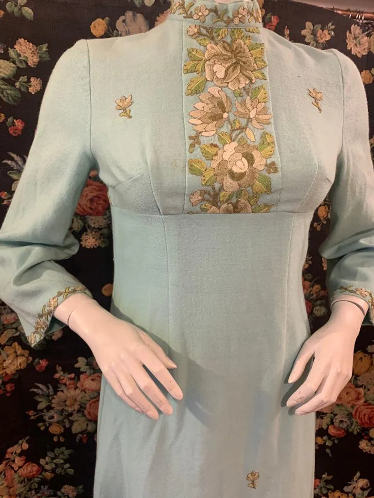 1960s Turquoise Wool Tunic Dress with Indian Crewel Work