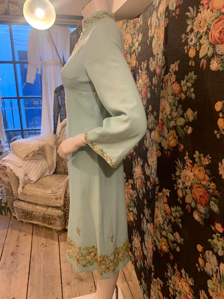 1960s Turquoise Wool Tunic Dress with Indian Crewel Work