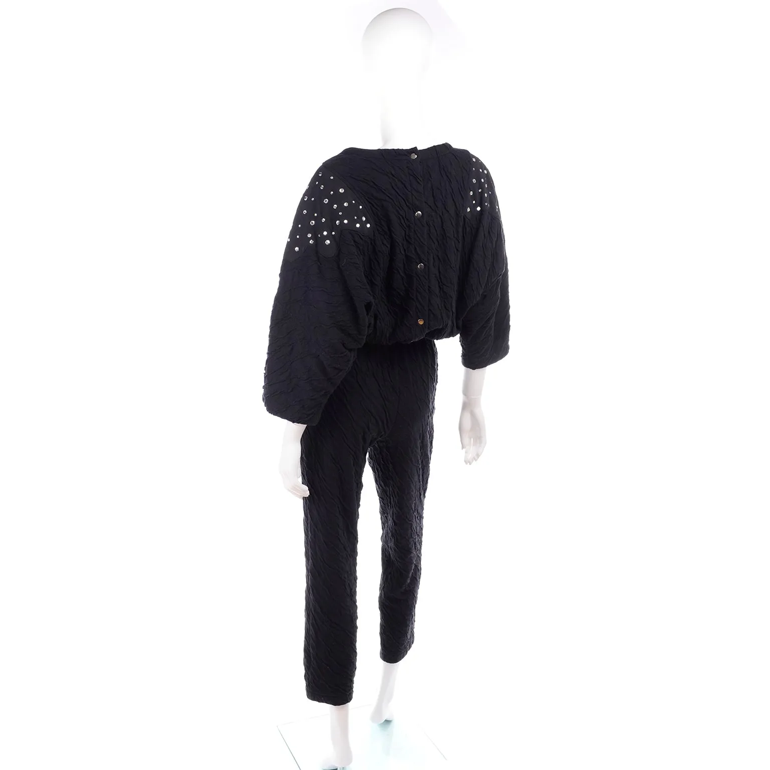 1980s Vintage Black Crinkle Jumpsuit With Rhinestones & Dolman Sleeves