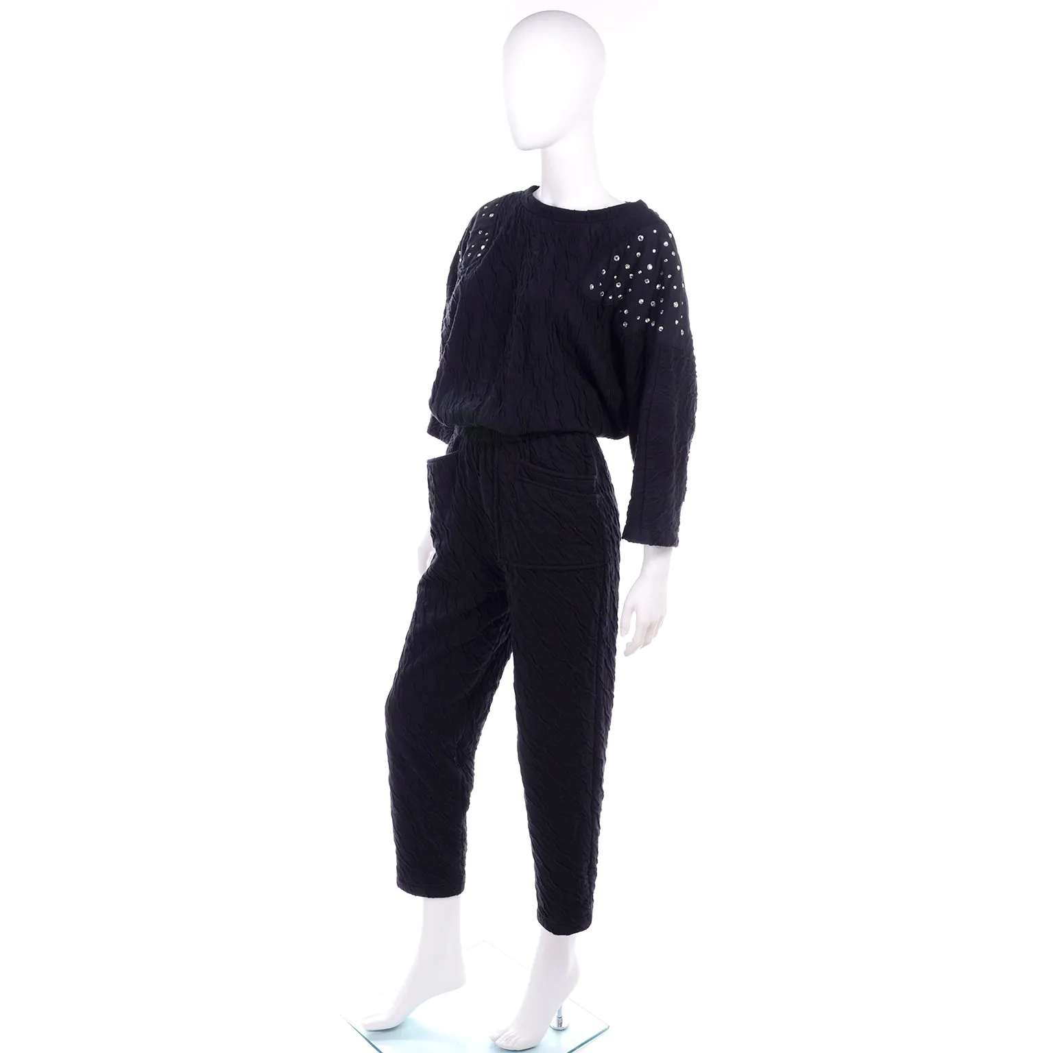 1980s Vintage Black Crinkle Jumpsuit With Rhinestones & Dolman Sleeves