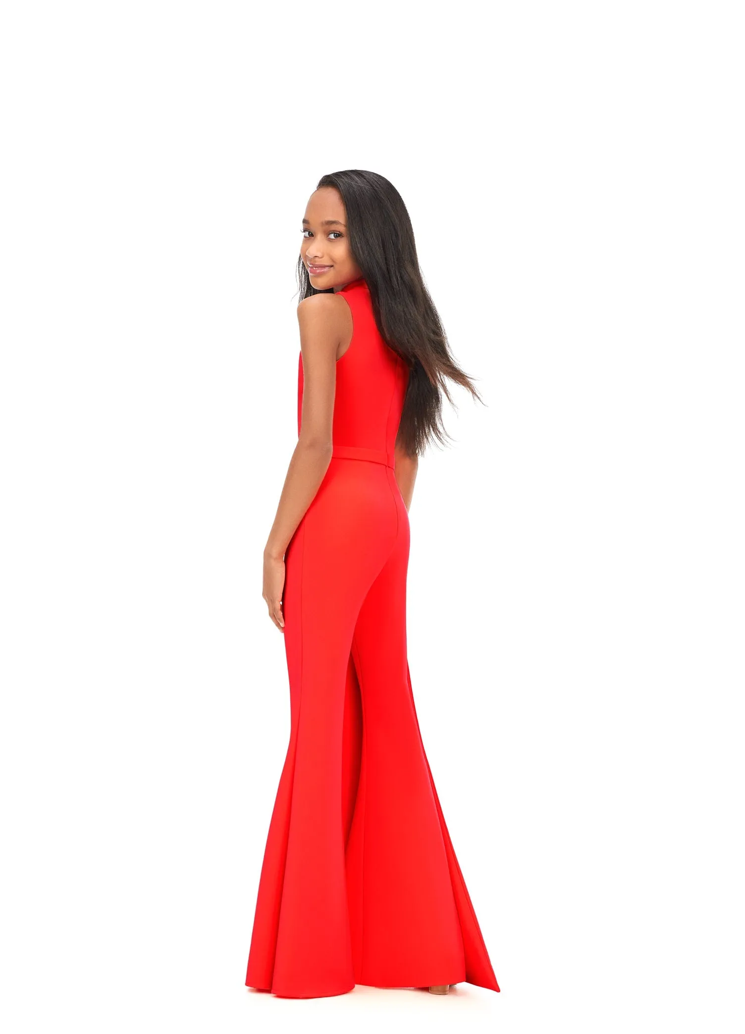 Ashley Lauren Kids 8158 Size  12 Neon Orange Girls Pageant Jumpsuit with Ruffle Side Scuba High Neckline