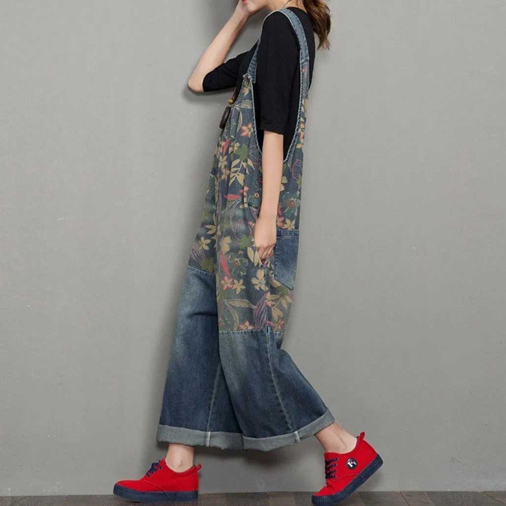 Babakud Women Autumn Floral Denim Wide Leg Jumpsuit