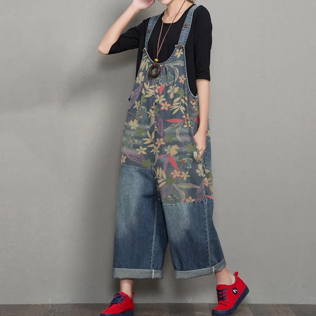 Babakud Women Autumn Floral Denim Wide Leg Jumpsuit