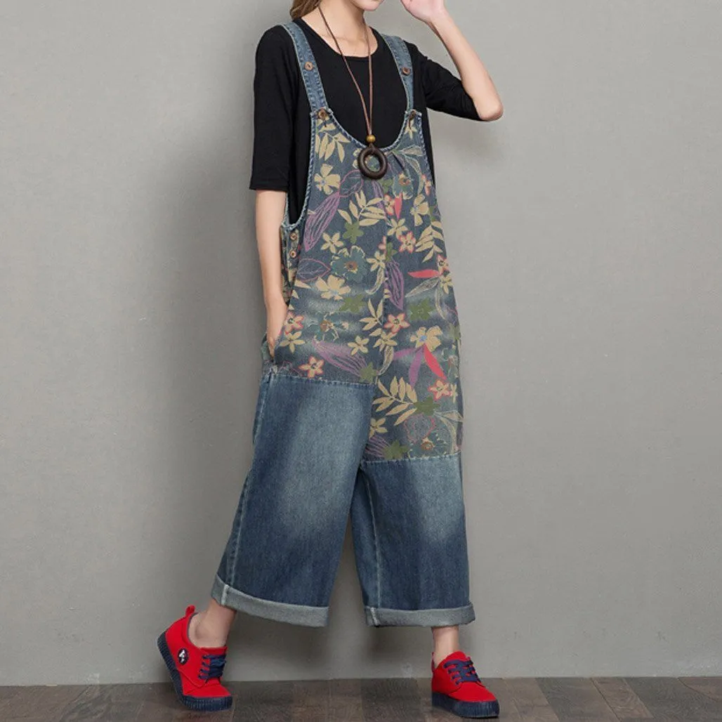 Babakud Women Autumn Floral Denim Wide Leg Jumpsuit