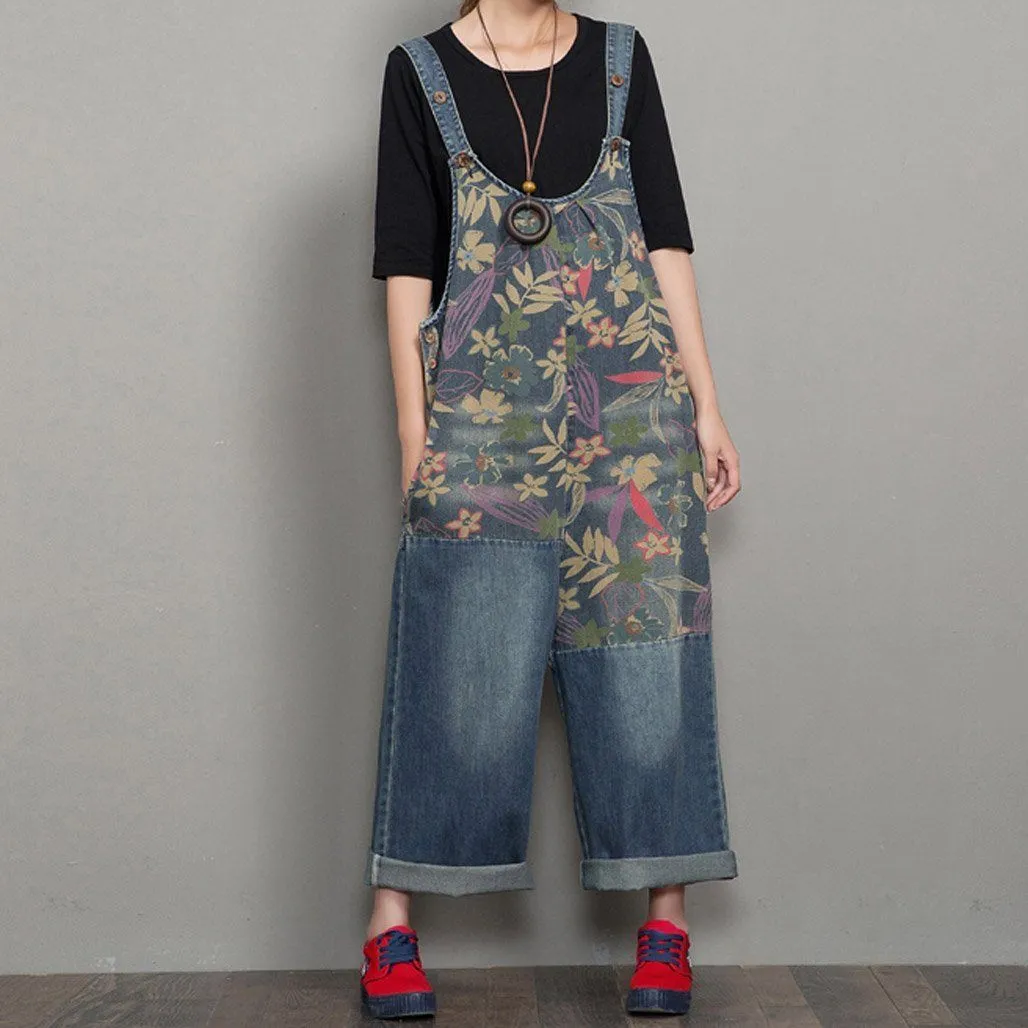 Babakud Women Autumn Floral Denim Wide Leg Jumpsuit