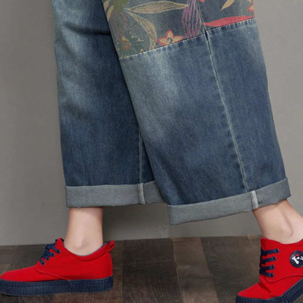 Babakud Women Autumn Floral Denim Wide Leg Jumpsuit