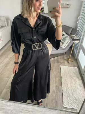 BLACK SATIN CARGO JUMPSUIT