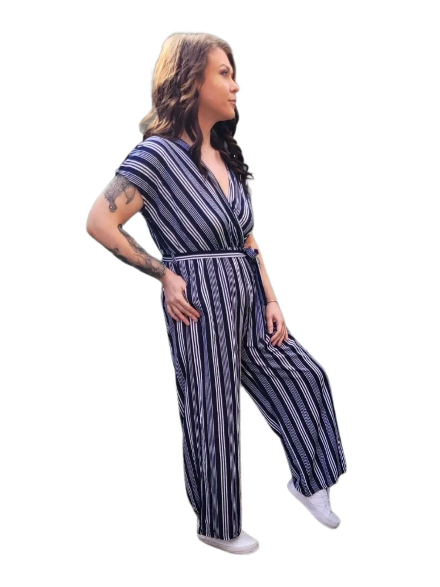 CASEY Striped Jumpsuit full length pants 2 colours- Caramello Stripe & Navy Blue Stripe