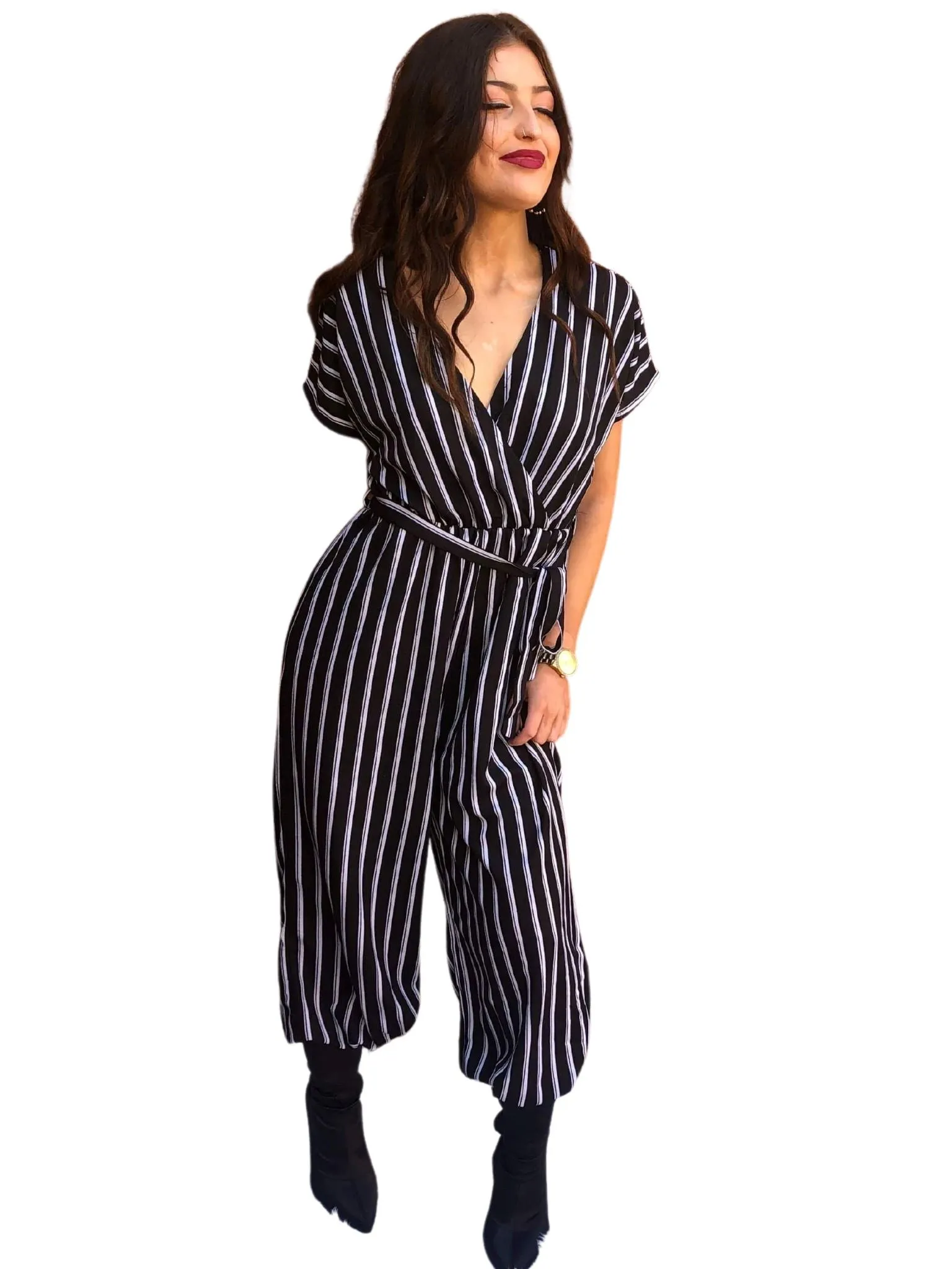CASEY Striped Jumpsuit full length pants 2 colours- Caramello Stripe & Navy Blue Stripe