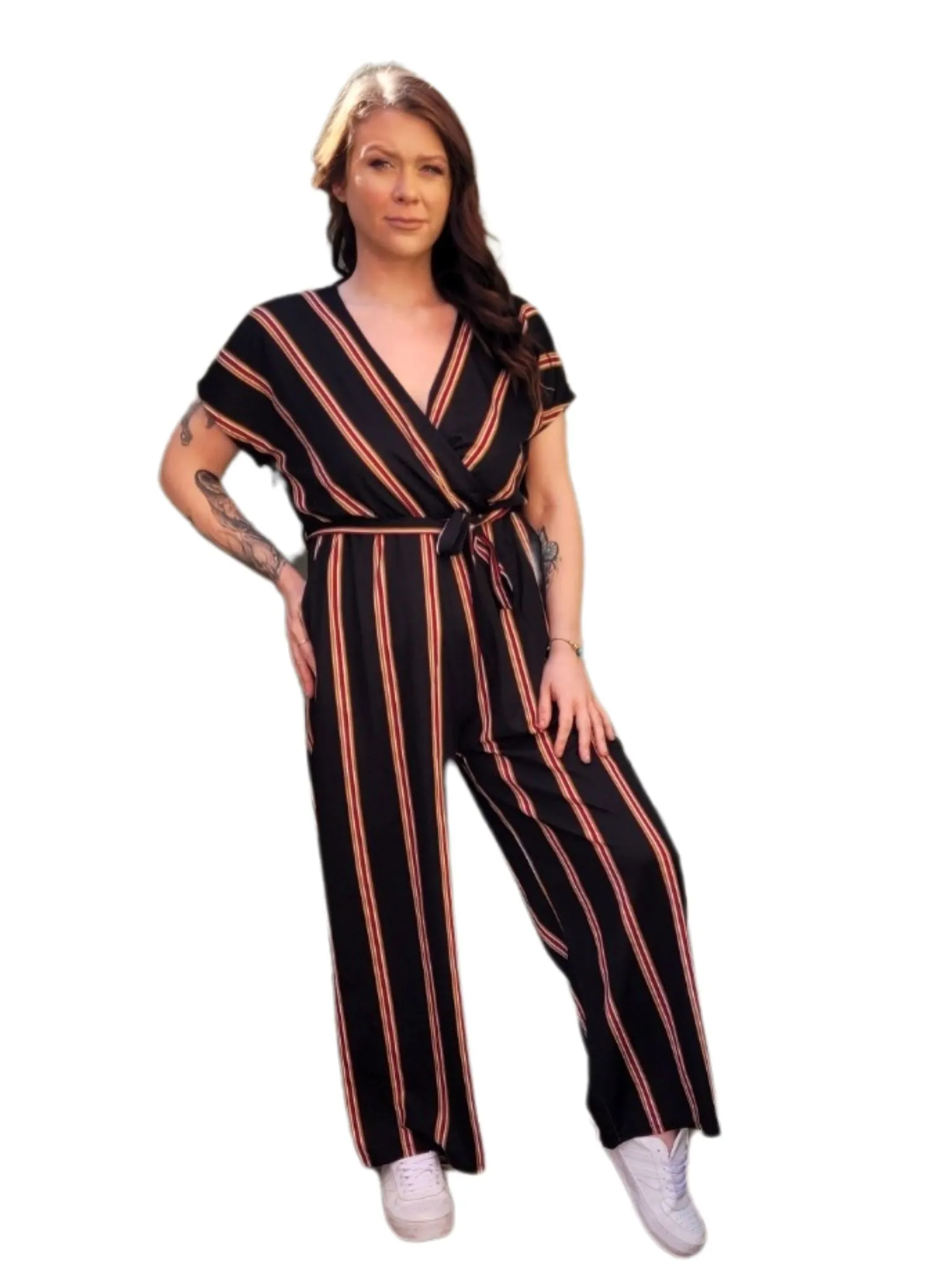 CASEY Striped Jumpsuit full length pants 2 colours- Caramello Stripe & Navy Blue Stripe