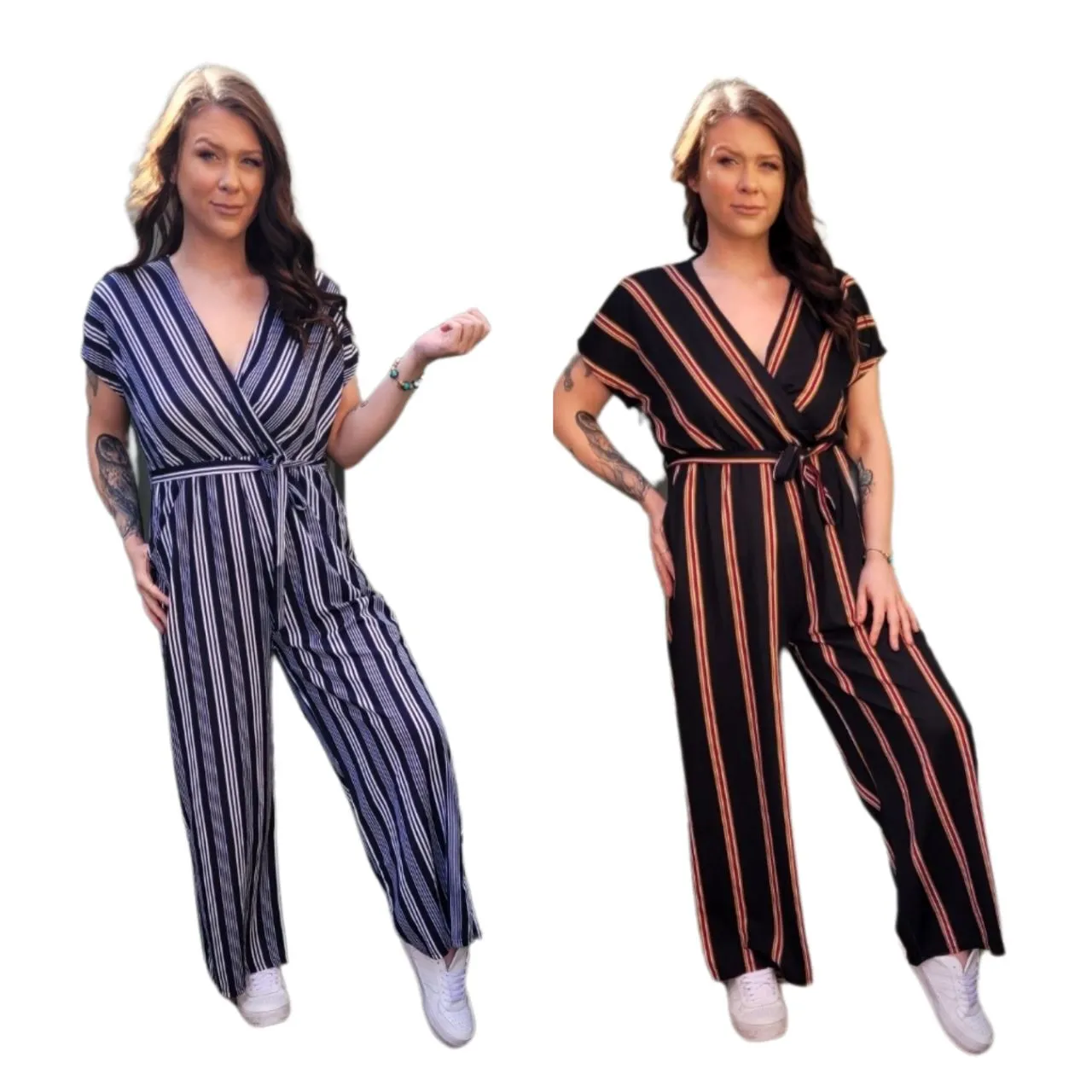 CASEY Striped Jumpsuit full length pants 2 colours- Caramello Stripe & Navy Blue Stripe