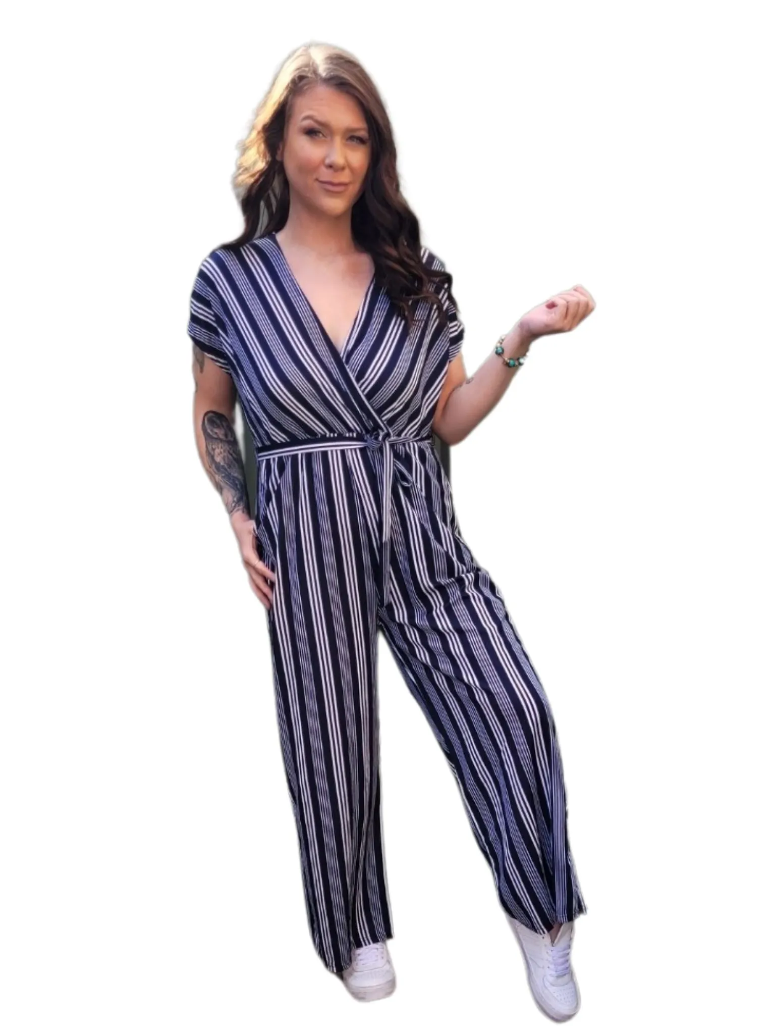 CASEY Striped Jumpsuit full length pants 2 colours- Caramello Stripe & Navy Blue Stripe