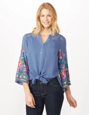 Embroidered Sleeve Woven Top with Tie Front