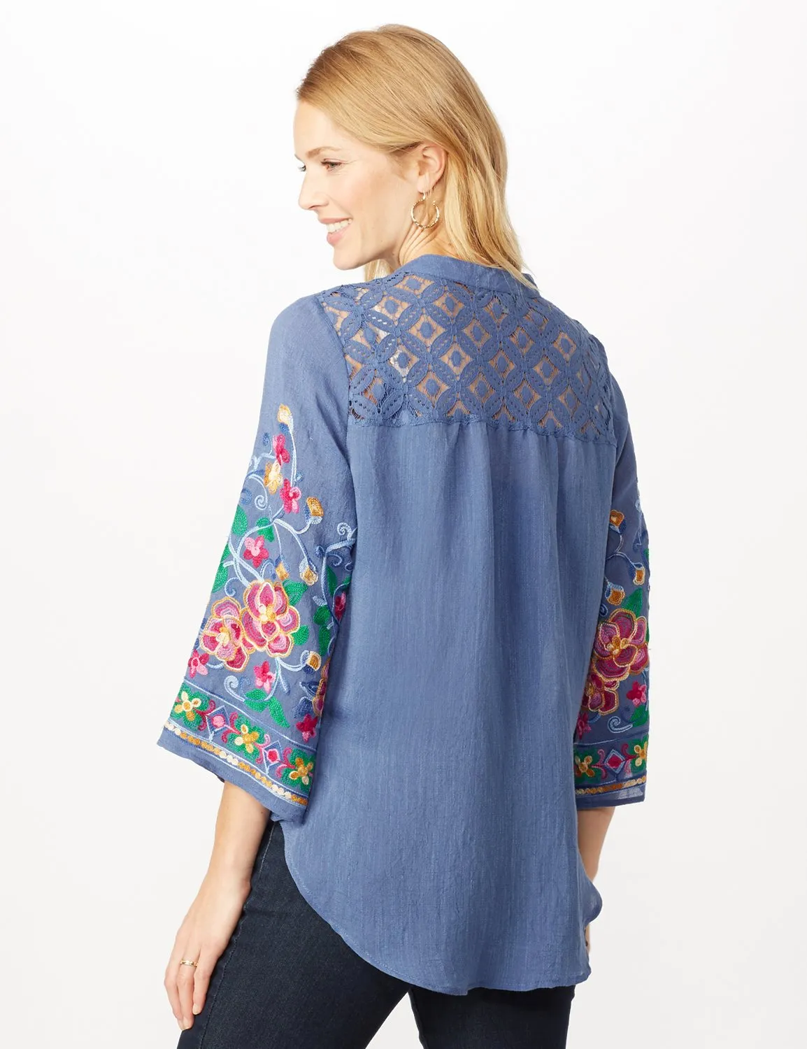 Embroidered Sleeve Woven Top with Tie Front