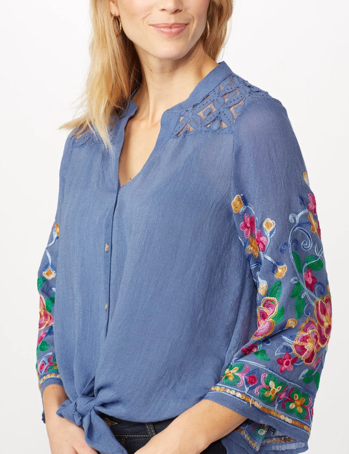 Embroidered Sleeve Woven Top with Tie Front
