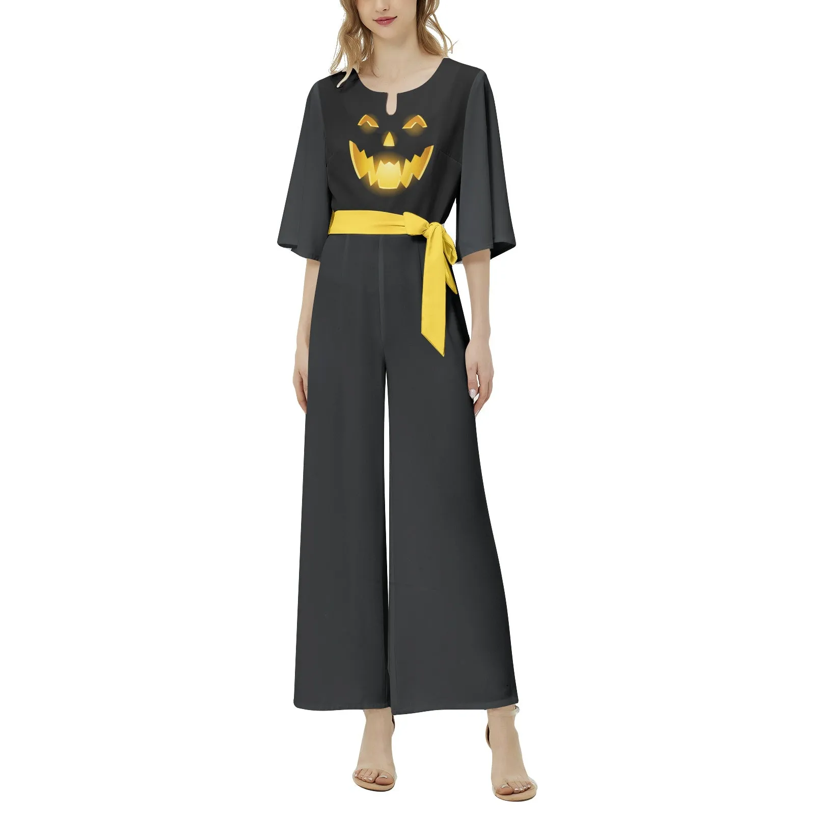 Jack o Lantern Dolman Sleeve Belted Wide Leg Jumpsuit