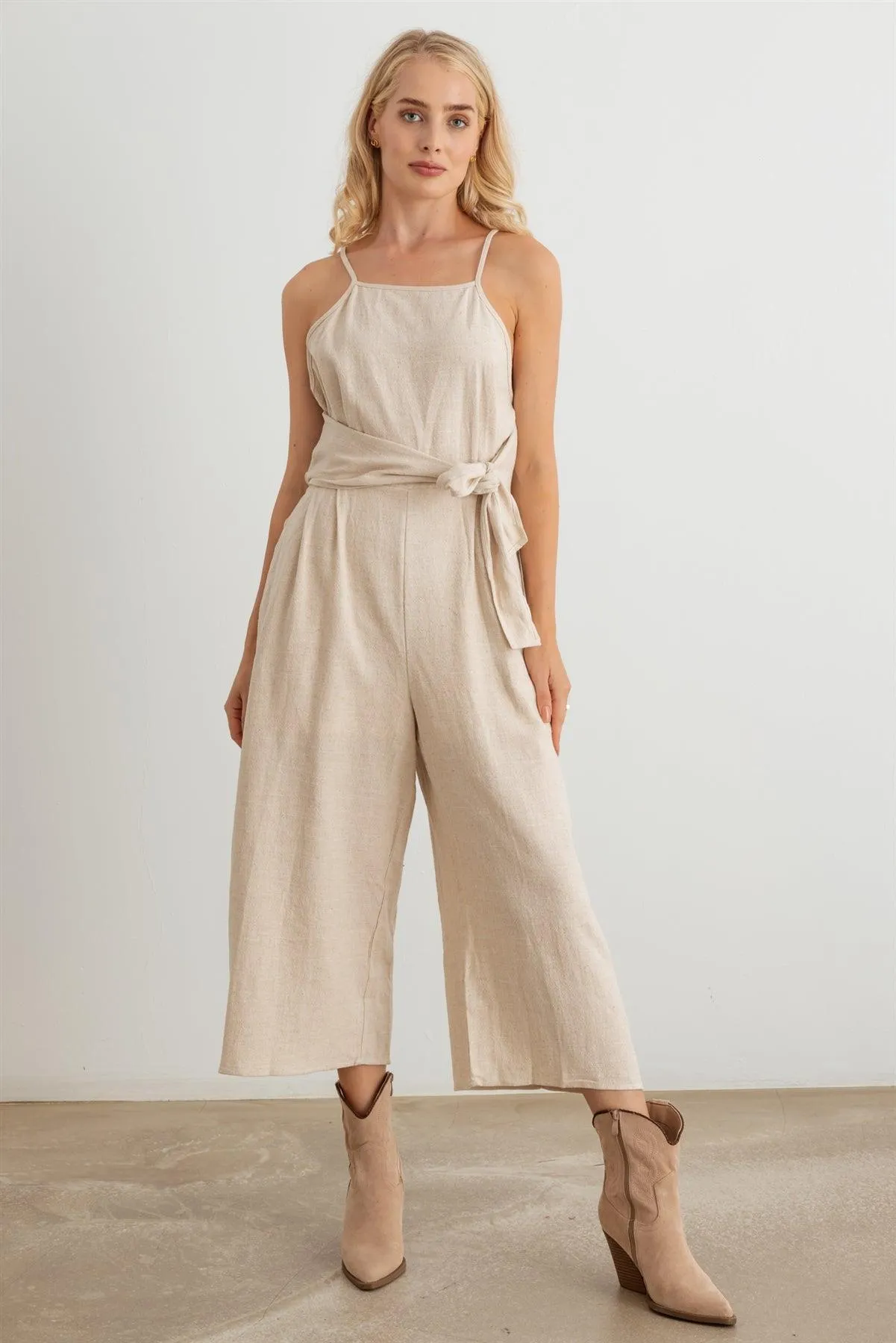 Mock Wrap Pleated Gaucho Jumpsuit