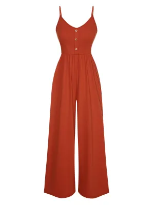 Orange 1950s Solid Button Suspender Jumpsuit
