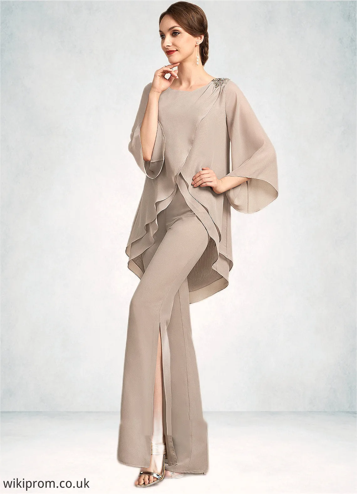 Poll Jumpsuit/Pantsuit Scoop Neck Floor-Length Chiffon Mother of the Bride Dress SWK126P0014864