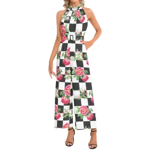 Rose on Checkered Print Halter Neck Buckle Belted Jumpsuit