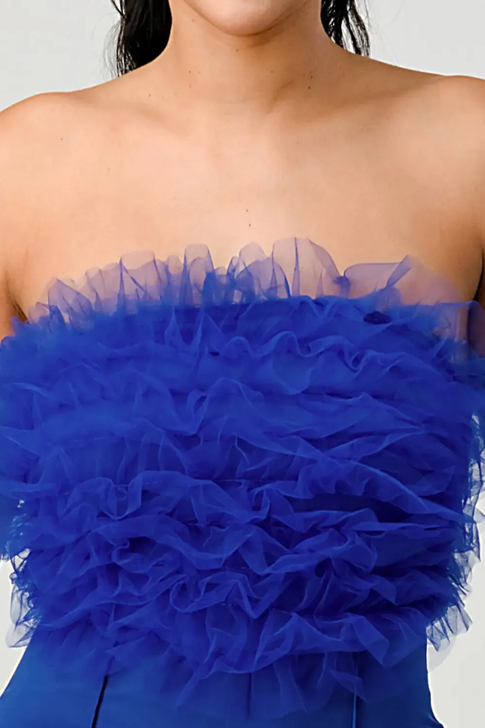 Royal Blue Satin Ruffled Front Jumpsuit