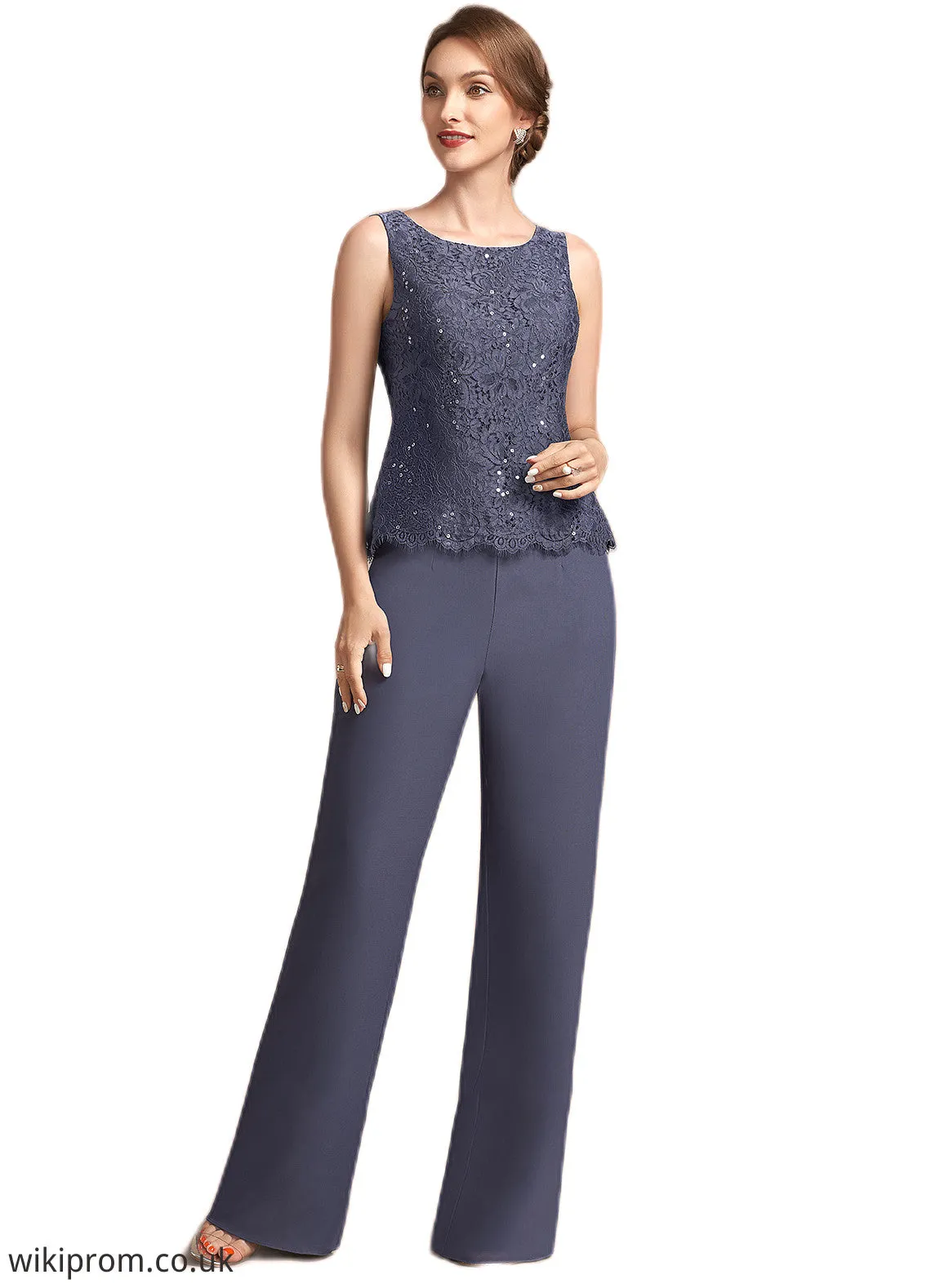 Vanessa Jumpsuit/Pantsuit Scoop Neck Floor-Length Chiffon Lace Mother of the Bride Dress With Sequins SWK126P0014805