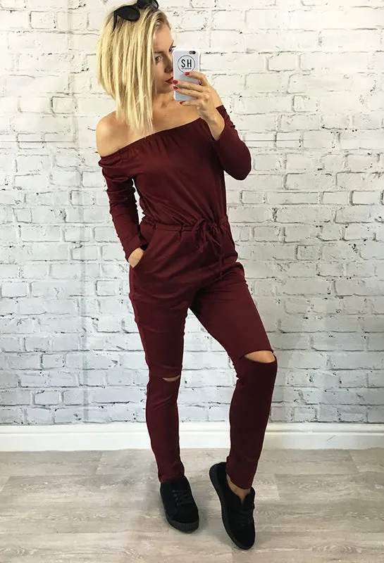 Wine Off The Shoulder Split Knee Gabby Jumpsuit