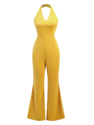 Yellow 1930s Solid Halter Wide Leg Jumpsuit